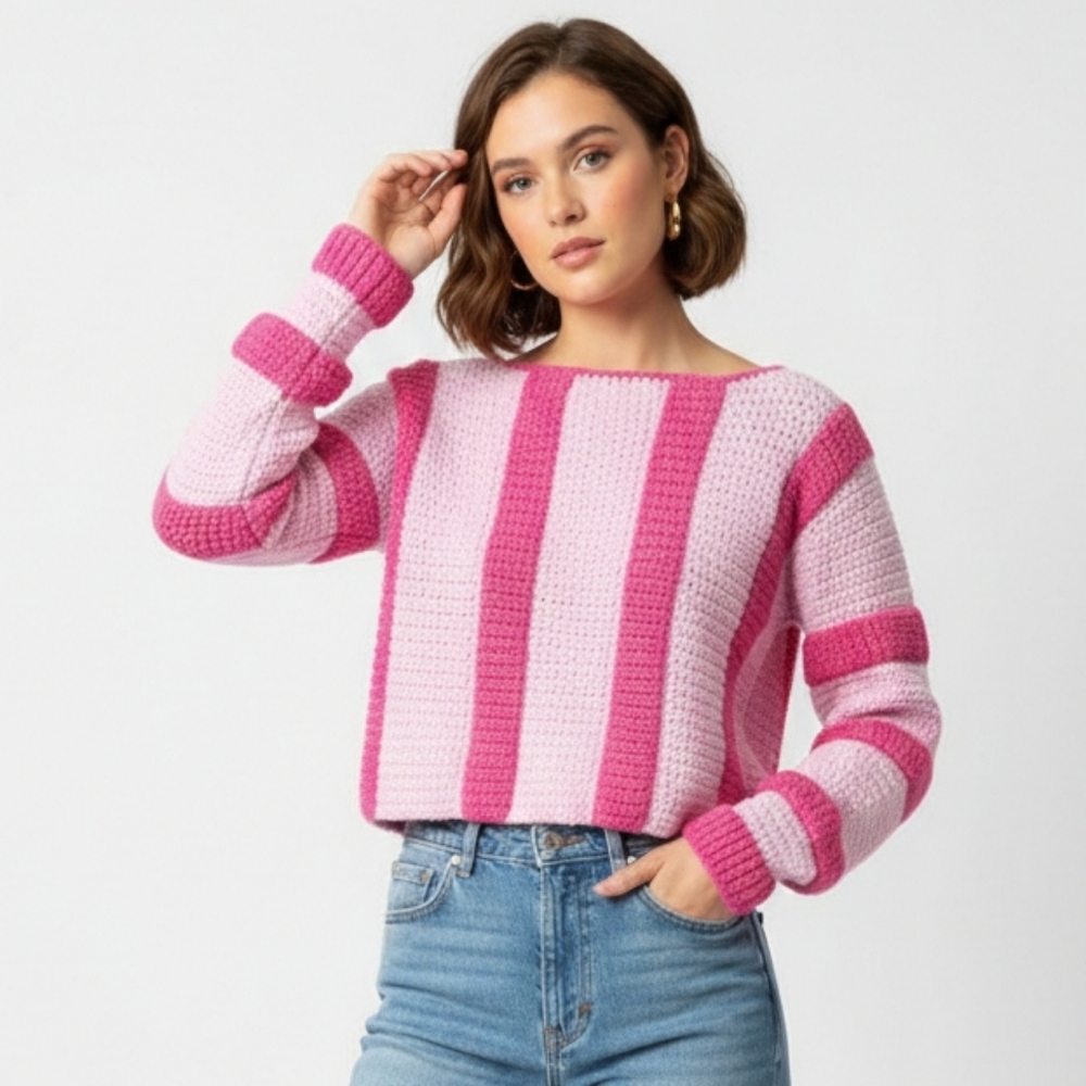 Handmade Pink Sweater Striped Colorblock Knit Pullover S/M